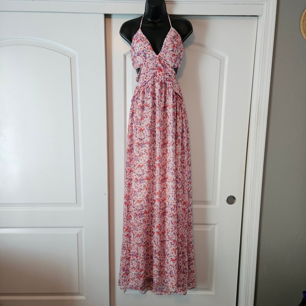 Floral Maxi Dress XL Cutout Pink Bloomcore Feminine Vacation Resort WeddingGuest